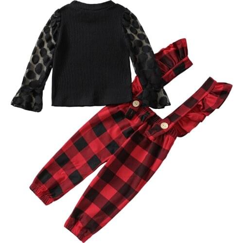 2021-07-05 Lioraitiin 1-4Years Toddler Baby Girl Autumn 2Pcs Clothing Set Lace Patchwork Solid Top Plaid Jumpsuit Romper Outfit