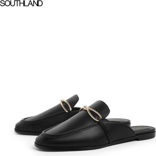 SOUTHLAND Square Toe Sandals Versatile Ladies metal buckle accessories Flat heel Muller shoes Lazy slippers Mules