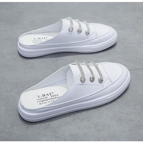 Summer ladies closed-toed slippers fashion PU leather flat mid-heel lazy no heel slippers students outdoor wear single shoes