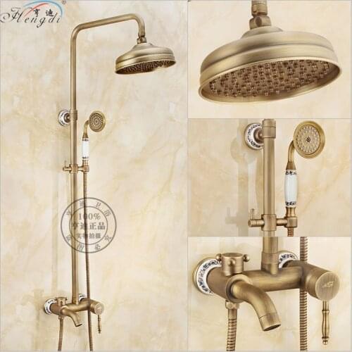 Bathroom Retro antique copper Brass Shower Set Wall Mounted Phone Ceramic Handheld Mixer Tap Faucet 3-functions Mixer Valve