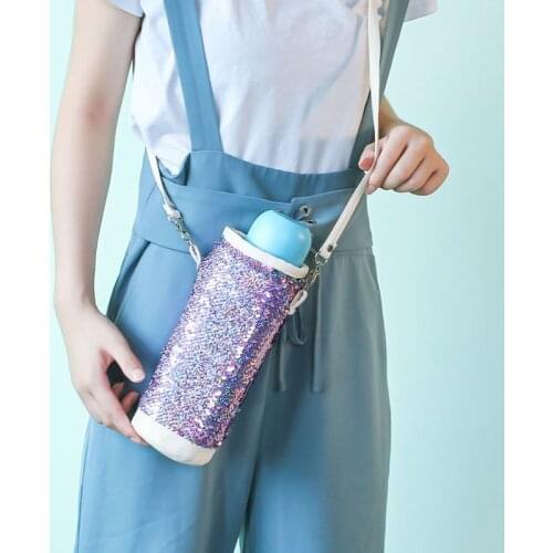 Water Bottle Carrier Insulated Cover Bag Sequin Holder Shoulder Strap Pouch
