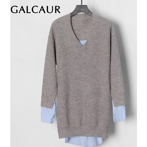GALCAUR Casual Patchwork Colorblock Sweater Female V Neck Long Sleeve Loose Long Sweaters Womens Clothing Fashion New 2021
