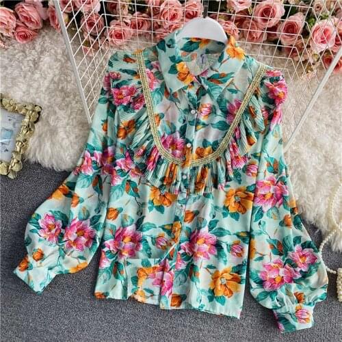 2021 Spring Autumn Fashion New Lapel Lantern Sleeve Casual Floral Chiffon Shirt Women Design Ruffle Single-breasted Printed Top