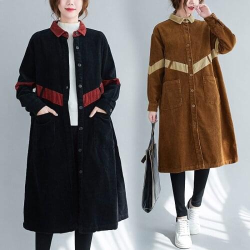 2021 Corduroy Jacket Womens Mid-Length Lapel Long Sleeve Single-Breasted Single-Layer Plus Size Trend Vintage Spliced Coat M54