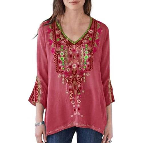 Women Blouse Vintage Ethnic Print V Neck Spring Autumn Flare 3/4 Sleeve Boho Shirts Top Ladies Elegant Blouses Streetwear