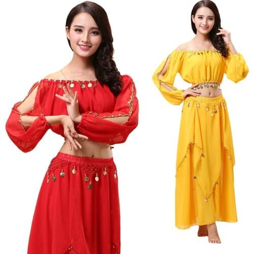 Long Sleeve Women Belly Dacing Clothing 6 Color Top+Gold Coins Skirt 2pcs Belly Dance Suit For Lady India Dancing Clothes