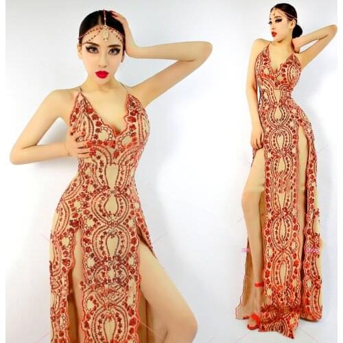 Bar Stage Costumes Sexy High Split Red Sequins Nightclub Dress Birthday Outfits For Women Celebrity Dresses Party Wear DNV13094