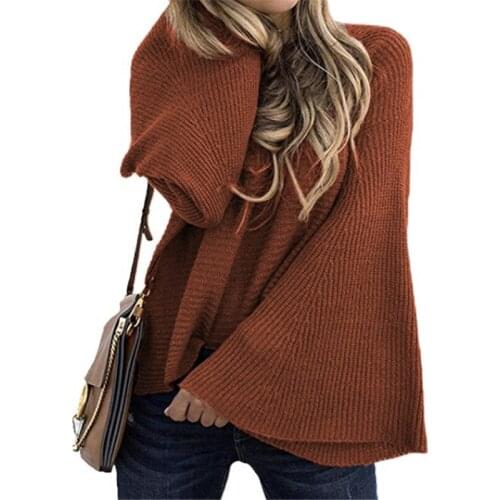 Women Solid O Neck Flare Sleeve Knitted Sweater 2019 Autumn Winter Casual Female Pullover Sweaters Ladies Loose Casual Knitwear