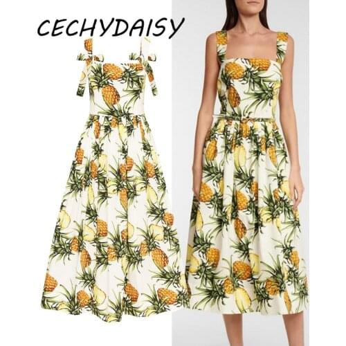 Runway Dress 2021 Pipeapples Print Boho Summer Midi Long Dresses For Women Sexy Sleeveless High Waist Boho Beach Chic Sundresses