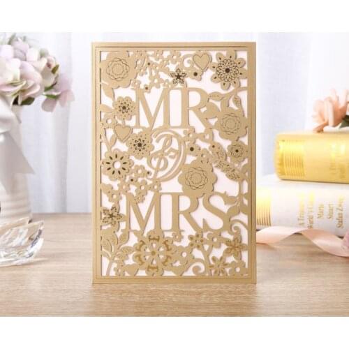 50pcs/lot Laser Cut Gold Wedding Invitation Cards Golden Marriage Invites Mr & Mrs Printable Engagement Card Party Supplies