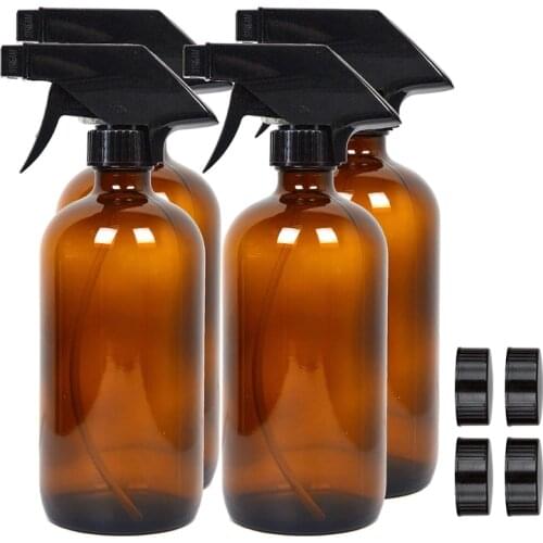 4 Pack Glass Spray Bottles (16 OZ) -Durable and Refillable - Amber Spray Bottles