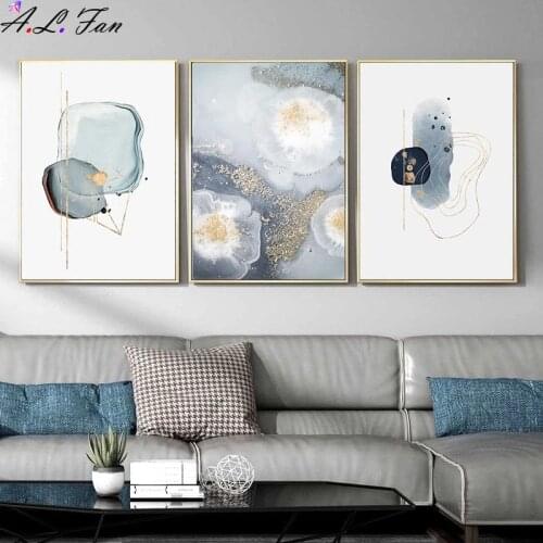 Abstract modern blue drawn sketch painting on canvas minimalist gold line wall art poster print image for living room home decor