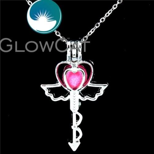 GLOWCAT K543 Anime Magic Stick Wings Key Beads Cage Aromatherapy Oyster Pearl Cage Locket Necklace 18" Stainless Chains