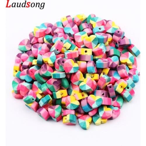 50pcs 10mm Mixed Rainbow Heart Beads Polymer Clay Beads Handmade Loose Spacer Beads for Jewelry Making Findings DIY Bracelet