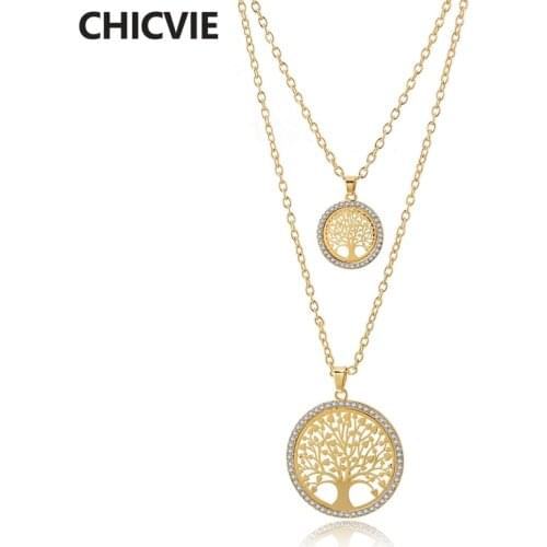 CHICVIE New Round Shape Tree Of Life Layered Necklace Pendants Gold Jewelry Chain Statement Stainless Steel Necklaces SNE180062