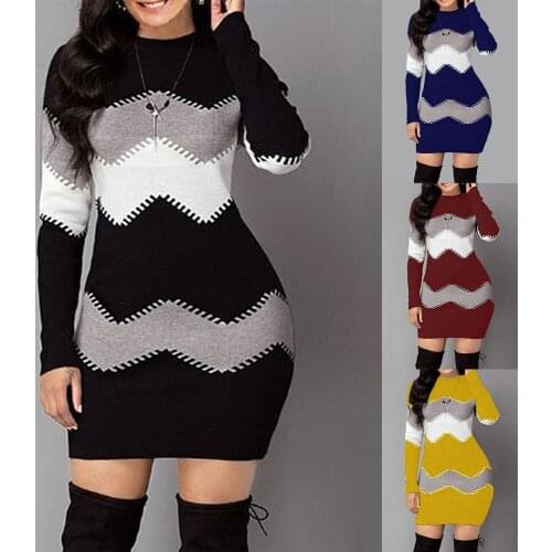 Women Autumn O Neck Long Sleeve Color Block Bodycon Warm Mini Sweater Dress Block Bodycon Warm Mini Sweater Dress