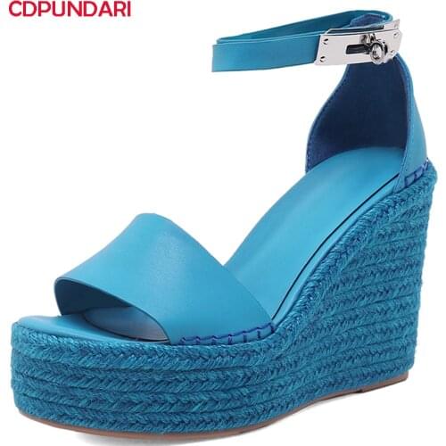 Blue Straw Genuine Leather High Heels Platform Wedges Sandals Women Summer Casual Shoes Sandales Femmes 2021 Sandalias Mujer