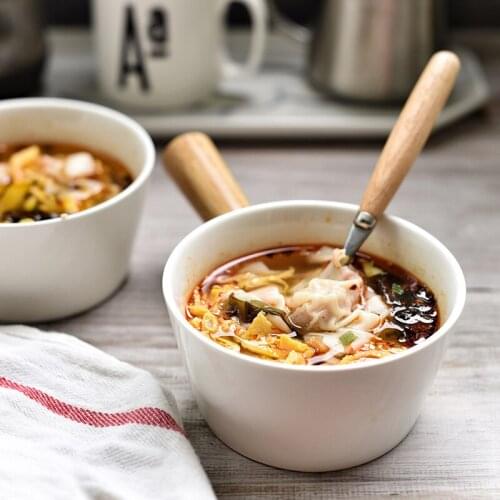 European creative ceramics rice bowl dim sum bowl small soup breakfast dessert bowl fruit salad bowl tableware wood handle