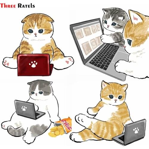 Three Ratels F240 Hand Draw-Kitty Cats Playing Computer For Passat B5 Car Accessories Anti Scratch Film Laptop Decal
