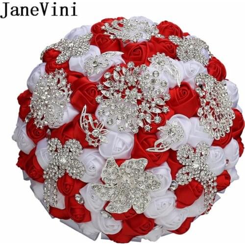 JaneVini Western Style Bride Flower Sparkly Silver Rhinestone Crystal Wedding Bouquet Red White Custom Satin Bridal Bouquets