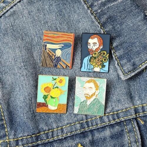 Oil Painting Enamel Pins Retro The Scream Sunflower Van Gogh Brooches Bag Clothes Lapel Pin Badge Art Jewelry Gift for Friends
