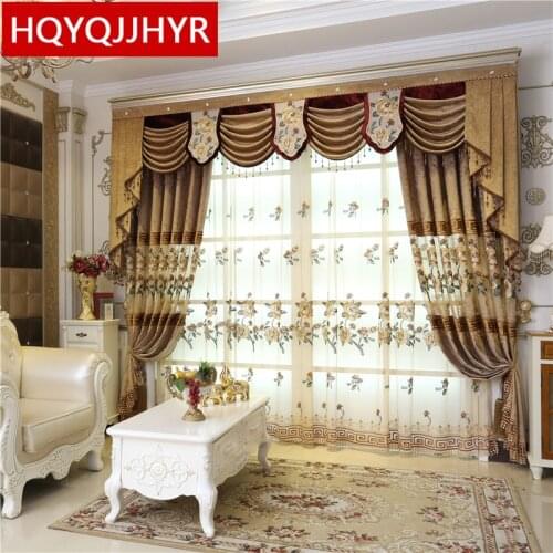 Classic European Luxury Brown inlaid gold-trimmed Embroidered villa Curtains for Living Room Window Curtain Bedroom/Kitchen