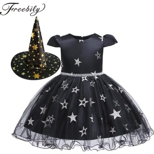 Baby Girls Halloween Witch Costume Shinning Stars Pattern Print Tulle Carnival Cosplay Dress with Witch Hat Dress Up Clothes