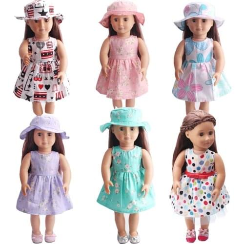 Doll dress for 45 cm girl doll 18 inch doll flower dress with sun hat and strap belt