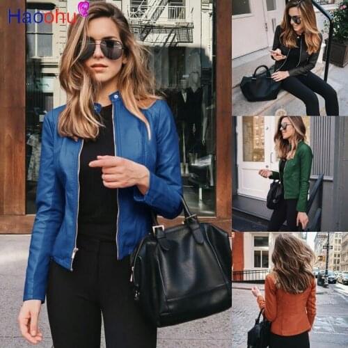 HAOOHU Jacket Women Zippers Spring Autumn Womens PU Leather Jacket Motor Biker Coat Female Oversized