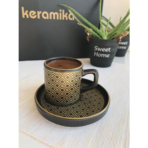 Keramika Matte Black Verda Gilded 6 Personality 12 Piece Turkish Coffee Cup Pad