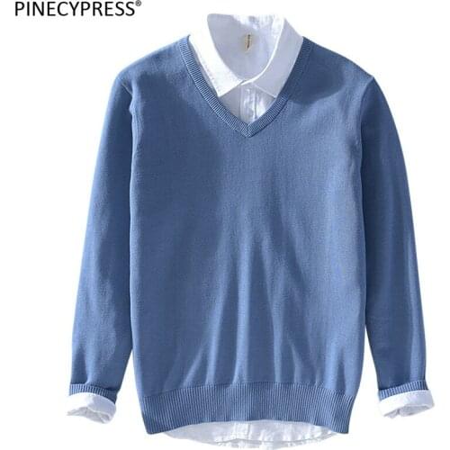 100% Cotton Anti-pilling Anti-wrinkle Man Knitwear Pullover Male Knitted Autumn Spring Casual Men Long Sleeve V-neck Sweater
