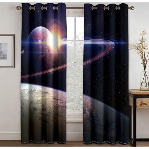 Space Planet 3D Printing Pattern Adult Mens and Womens Bedroom Living Room Shade Custom Curtain Set with Hook Accessories