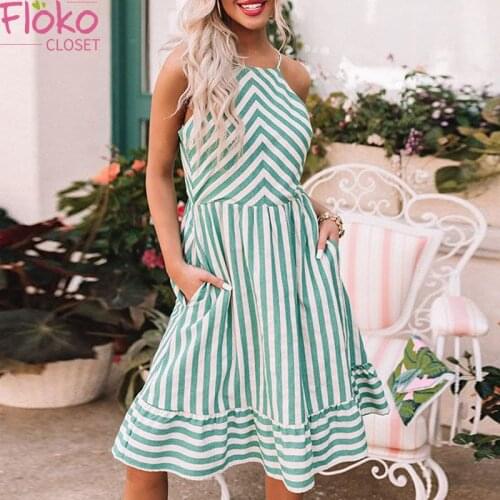 Flokocloset Sexy Spaghetti Strap Striped Dress Summer Hollow Out Boho Beach Dresses with Pocket Casual Sundress Female