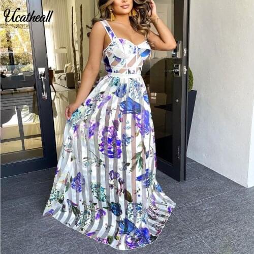 Summer New Fashion Pleated Dress Women Sexy Sleeveless Floral Print Vestido Sling Sleeveless Nightclub Maxi Long Dress Vestido