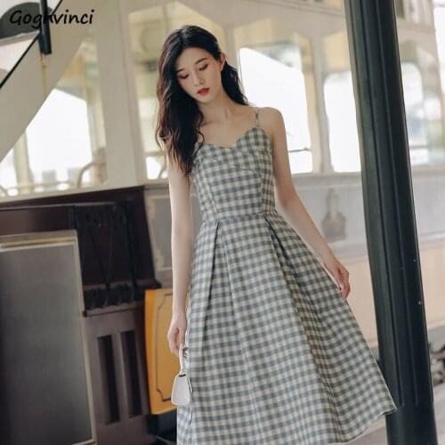 Dresses Women Spaghetti-strap Baggy Leisure V-Neck Plaid Fashion High Waist Korean Version Temperament Sweet Summer Vestidos New