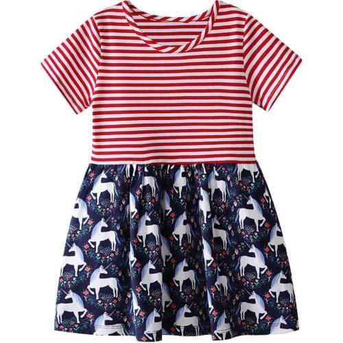 Jumping Meters Girls Dresses Unicorn Printed Stripe Summer Princess Dress Baby Girls Clothes Short Sleeve Jersey Dresses Vestido
