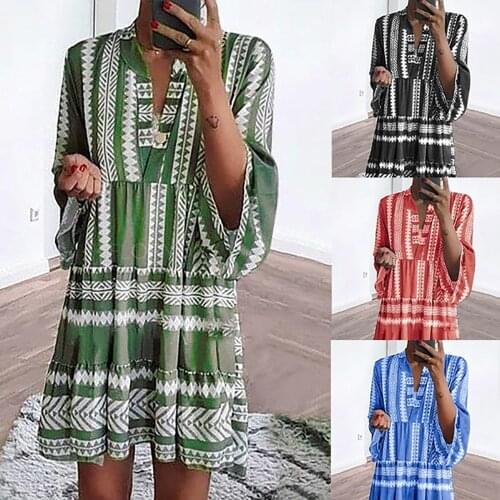 Striped Women Loose Sundress Dress V Neck 3/4 Sleeve Ladies Summer Mini Dress Retro Fashion Casual Female Dress D30