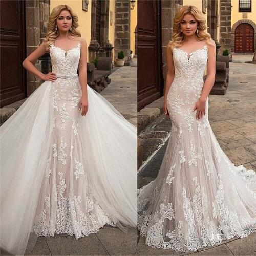 Amazing Mermaid Lace Wedding Dresses With Tulle Detachable Train Bridal Gowns Sleeveless Two Pieces Bride Dress Gown 2020 Formal