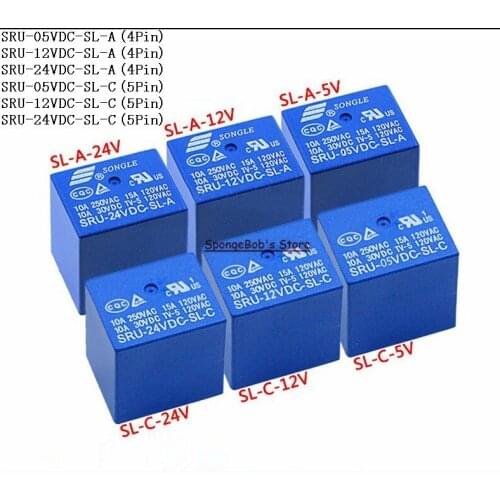 5pcs/Lot SRU-05VDC-SL-A / SRU-12VDC-SL-A / SRU-24VDC-SL-A SONGLE Power Relay 4Pins 5V 12V 24V 15A T70