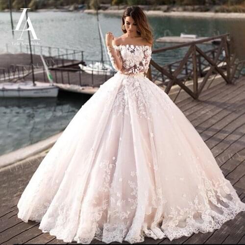Romantic 3D Flowers Wedding Dress Pink Long Sleeve Lace A-Line Bridal Gown Princess Court Train LelaAcra ER1 Vestido De Novia