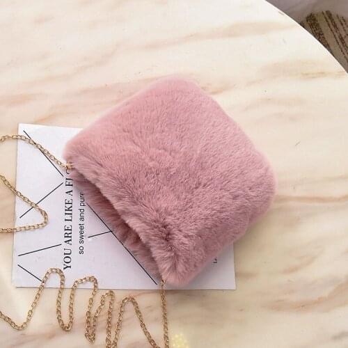 Pink Women Winter Chains Square Shaped Girls Princess Trendy Furry Faux Fur Bag Plush Crossbody Bags Casual Soft Ins Girl Bag