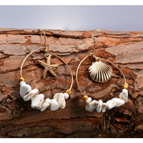 Bohemian Shell Earring For Women Trendy Vintage Metal Large Round Drop Earring Natural Stone Punk Earring Jewelry femme bijoux