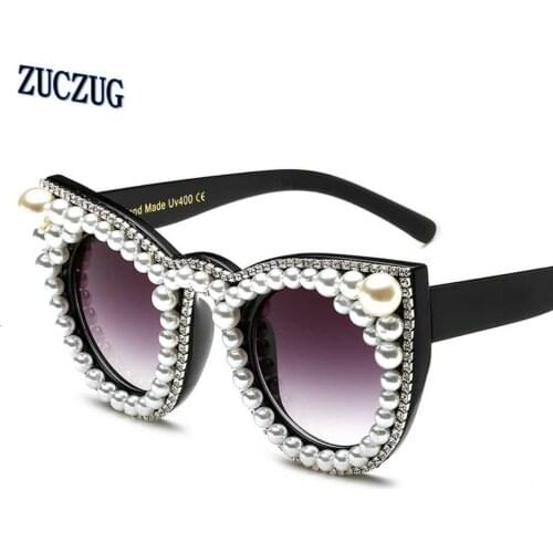 Baroque Fashion luxury rhinestone cat eye sunglasses women brand designer oversized sunglasses pearl ladies party Oculos UV400