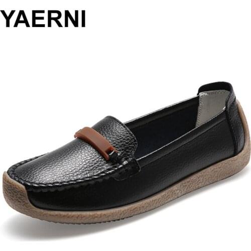 YAERNI Woman Solid Black PU Leather Loafers Zapatos De Mujer Casual Women Slip on Flats Round Toe Platform Shoes Size 43