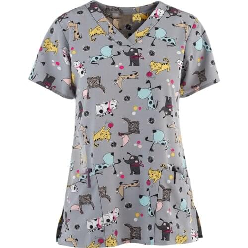 Nurse Uniform Women Plue Size Animal Print Casual Short Sleeve V-neck Carer Top Summer V Neck Pocket Working Medical Uniform New