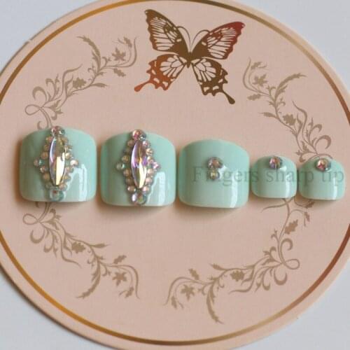 2020 High-grade High quality fashion full drill handmade round toe fake nail crystal drill 24PCS Grass green #N34