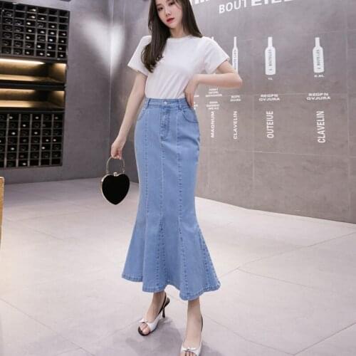 Korean One-Piece Fashion WomenS Denim Skirt 2021 Summer New Denim Bag Hip Fishtail Skirt A-Line Skirt Blue Long Skirt Female