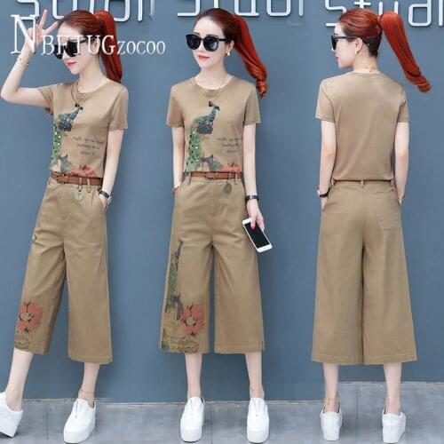 Fashion Wide Leg Pants And Short Sleeve Tee Shirts Women Sets Temperament Slim Female Sets