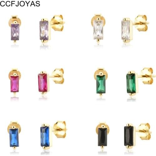 CCFJOYAS 925 Sterling Silver Mini Rectangle White/Purple/Black/Blue Zircon Stud Earring for Women Piercing Earrings Jewelry