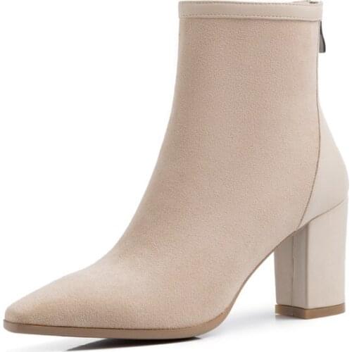 New Fashion Ankle Elastic flock Boots Chunky High Heels Suede Women Autumn Sexy Booties square Toe Women Pump Size 33-43